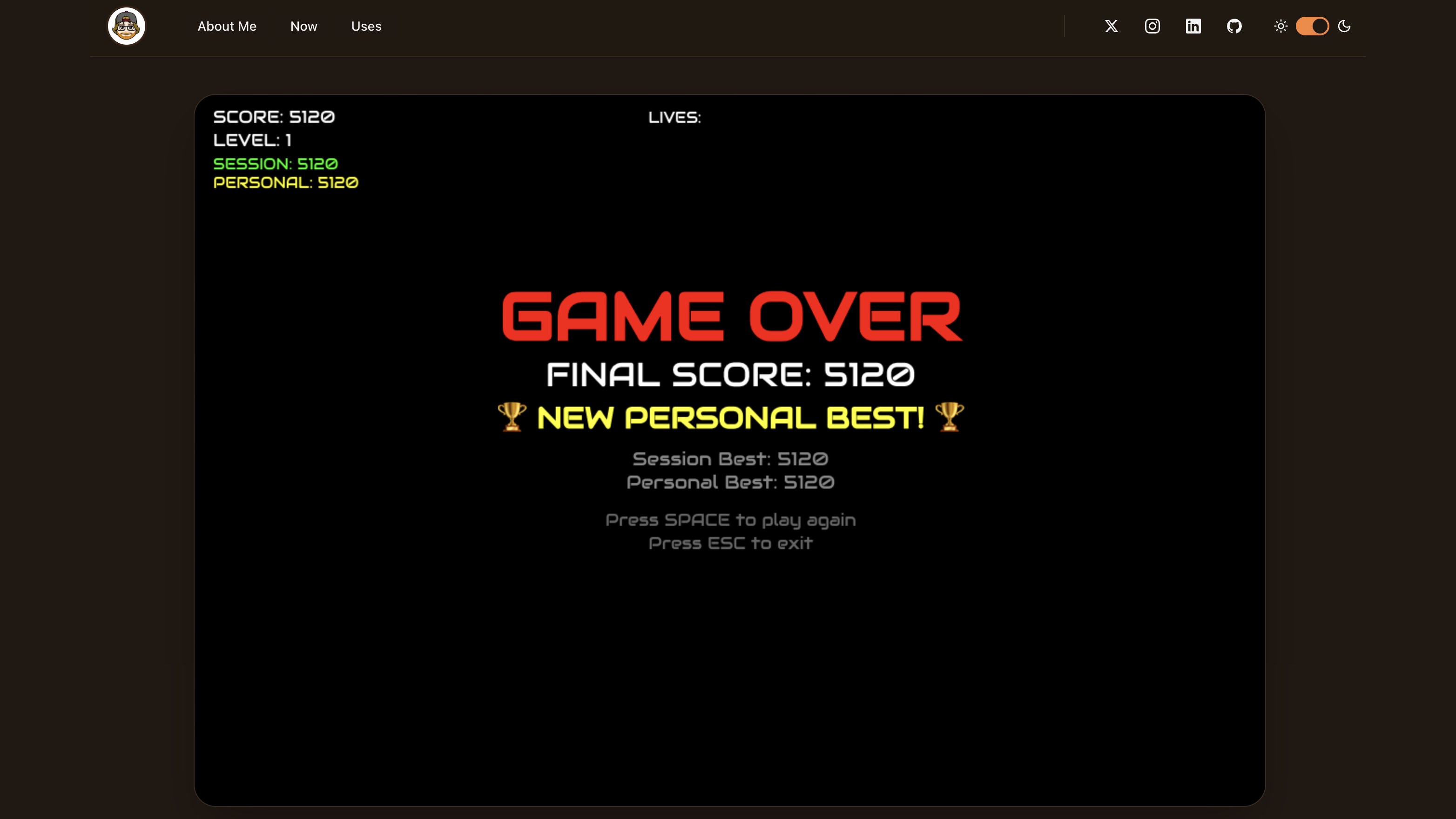 Game over screen showing NEW PERSONAL BEST achievement with final score of 5120