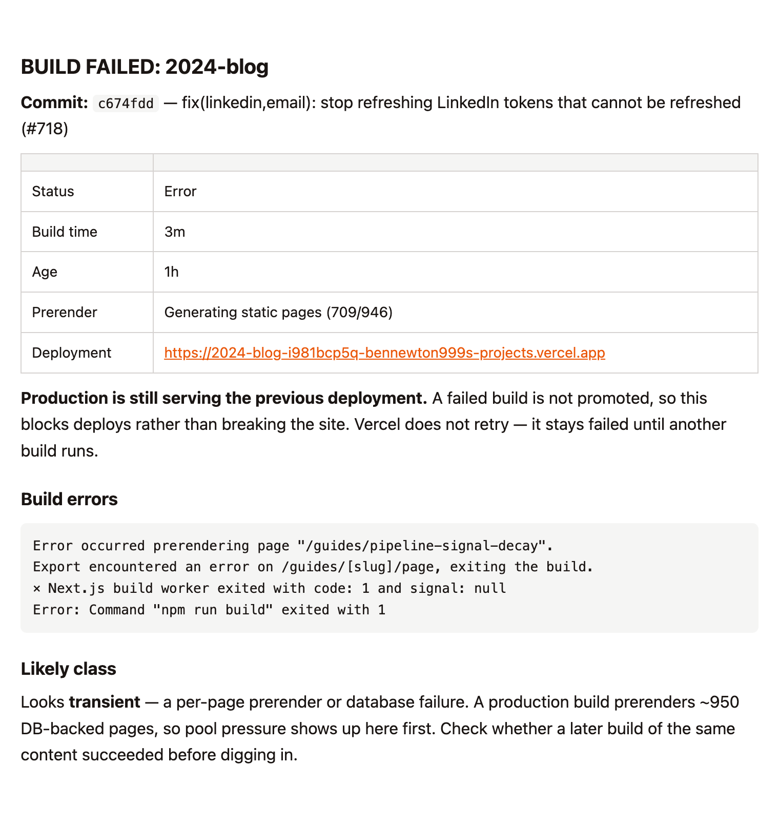 A build failure email. It shows the commit, status Error, a three minute build, prerendering stopped at 709 of 946 pages, the build error lines, and a note that production is still serving the previous deployment.